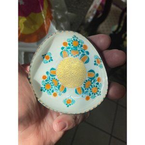 Vtg Handmade Metal Enameled Procelain Orange & Green Flora Trinket Dish 3” Dia